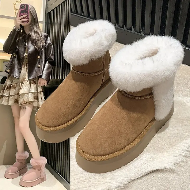 

Winter Women Fur Slippers Warm Boots Platform Flip Flops 2024 New Short Plush Flats Home Cotton Shoes Suede Mules Ladies Boots