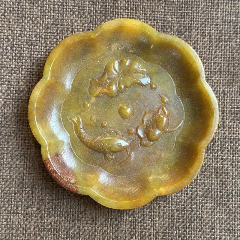 Antique Xiuyan Jade Double Fish Relief  Waist Tag Ornament Handheld Piece Chinese Good Luck Symbol for Collection & Home Decor