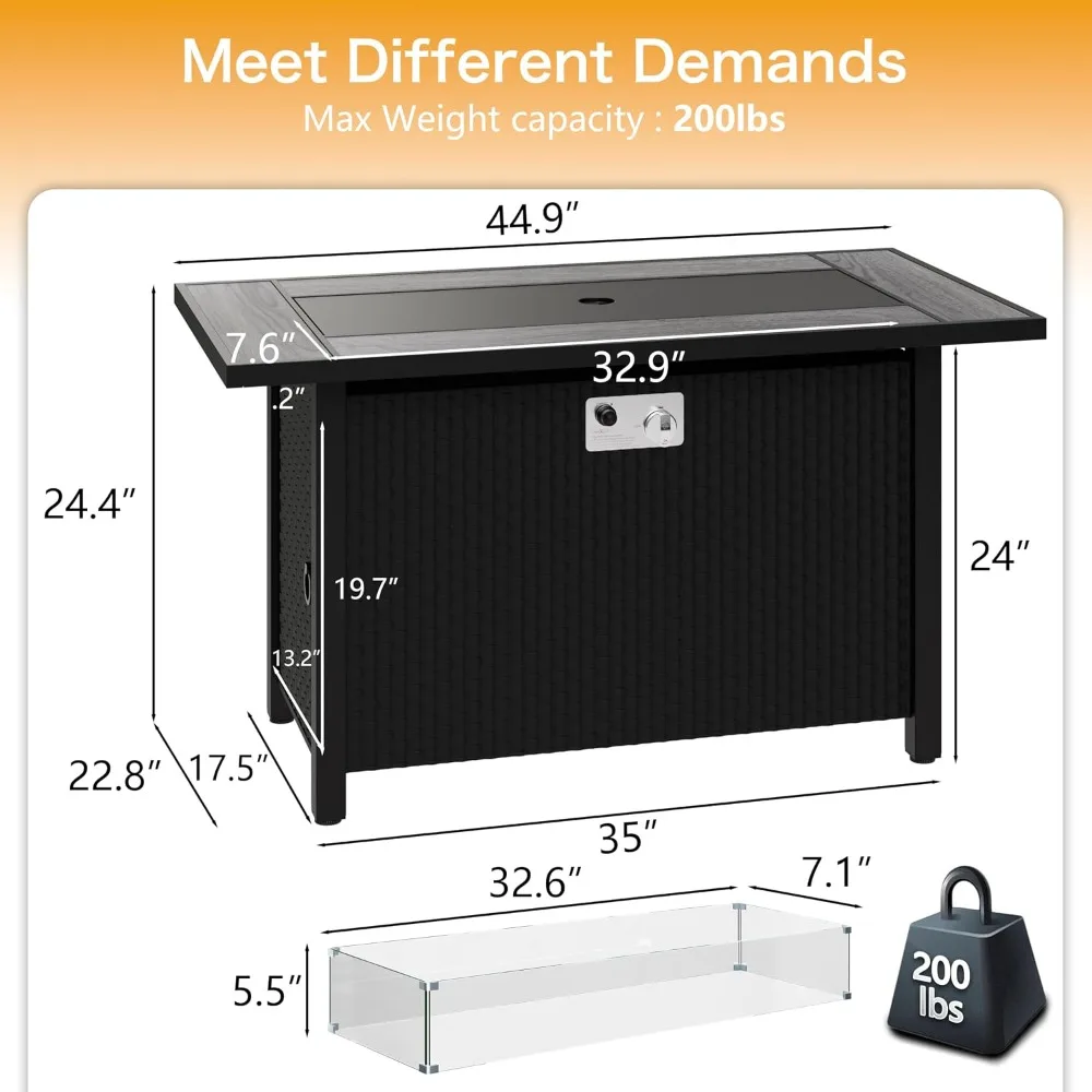 45 Inch Propane Fire Pit Table Glass Wind Guard Rain Cover 50000 BTU Outdoor 3 in 1 Patio Yard Balcony Gray Tabletop