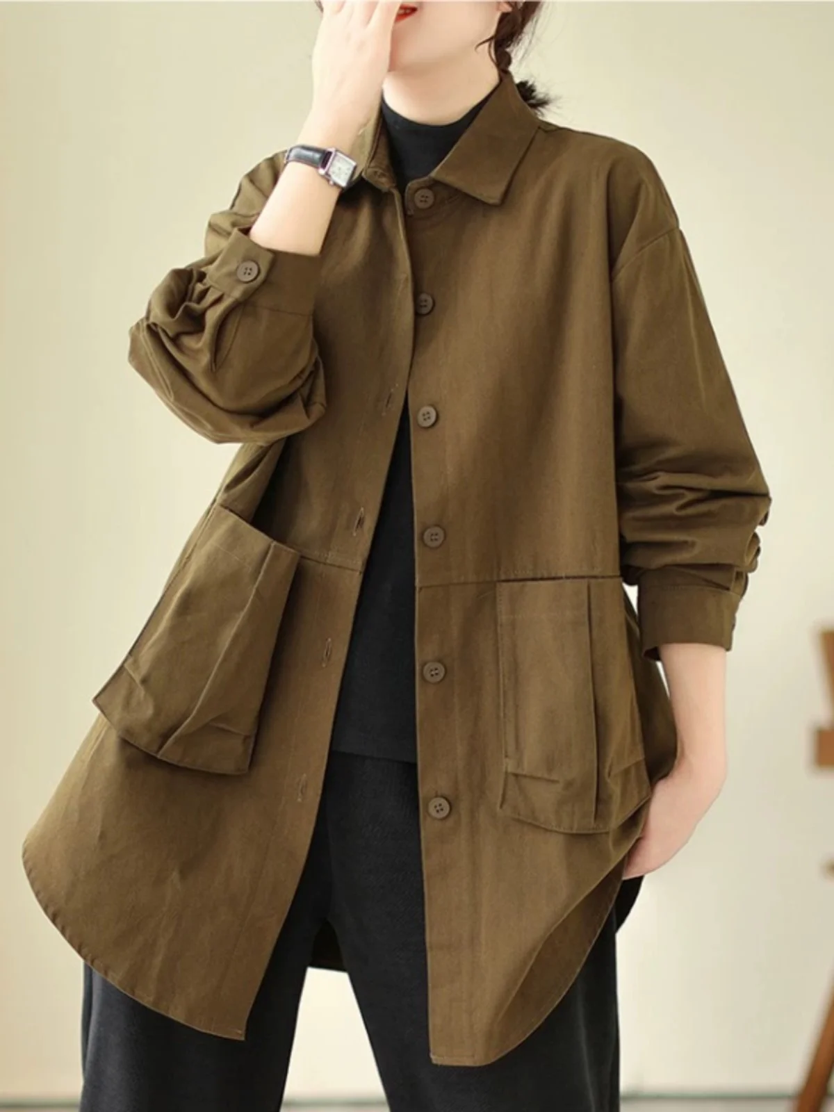 

Original Retro Women's Jaet Loose Casual Sle Spring Autumn High-End Feeling Long Sve Collar Mid-Length Pure Color