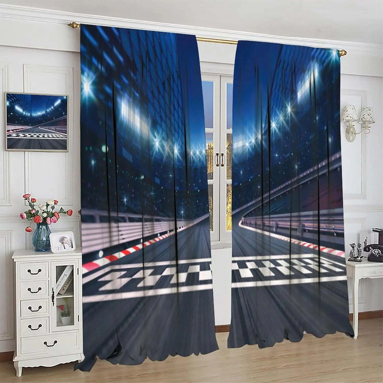 Racing Theme Curtains, Car Track Racing Extreme Sports Stadiums Prints Blackout Window Treatments Drapes for Teens Boys Bedroom