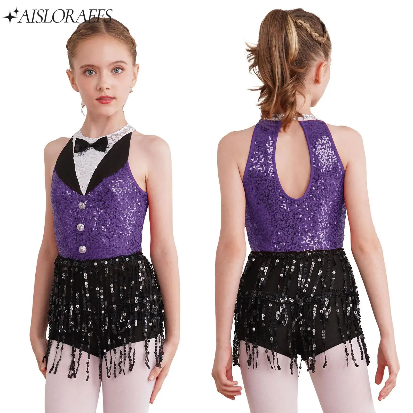 Kids Girls Sequin Jazz Latin Dance Dress Sleeveless Back Keyhole Boyshorts Tassel Bodysuit Performance Dancing Party Dancewear