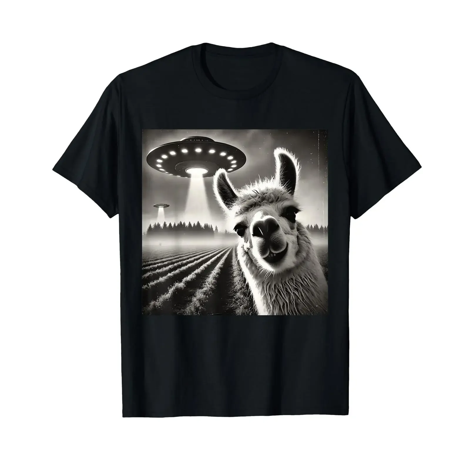 Funny Llama Alpaca Selfie UFOs T Shirt vintage Washed Stretched designer clothes fashion Breathable Unisex Soft Versatile