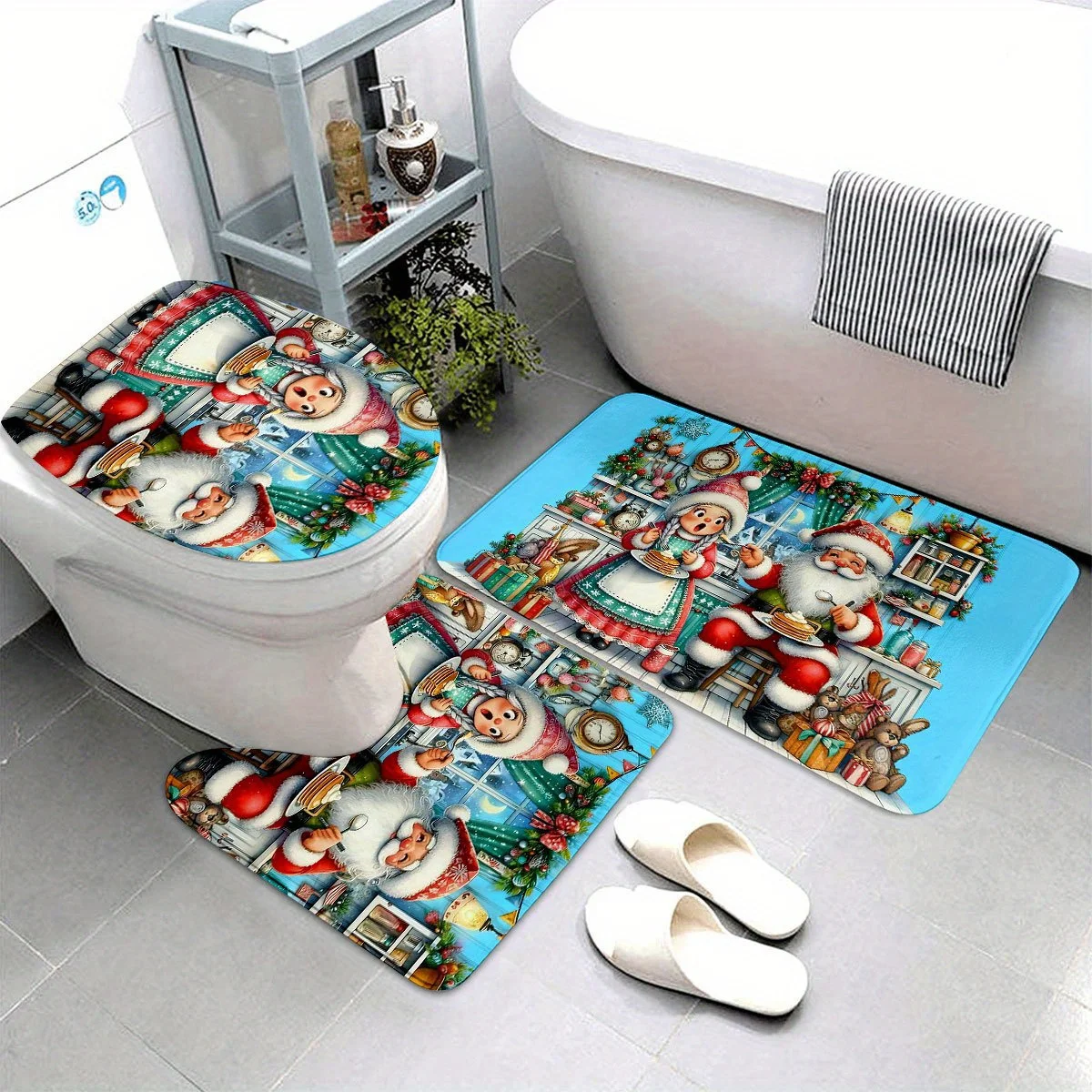 3pcs Santa Claus Printed Bathroom Rug Set - Non-Slip, Machine Washable, High-Quality Flannel, Perfect for Christmas and New Year