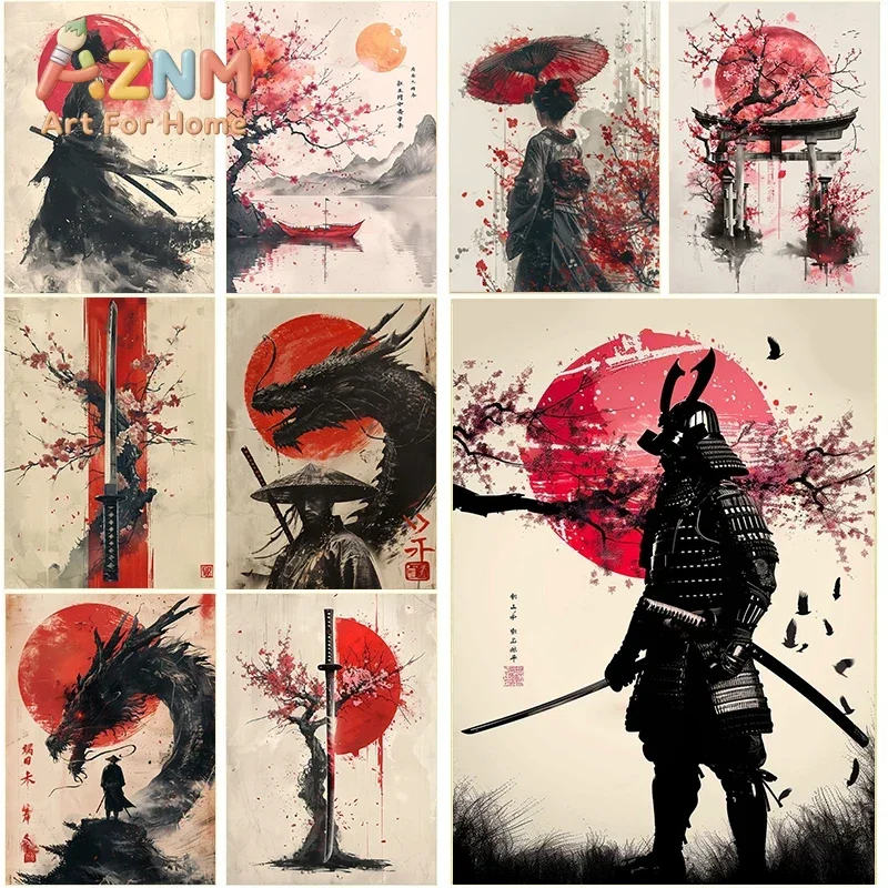 1pc frameless Canvas Painting Japanese Landscape Samurai Geisha Bonsai Torii Gate Sakura Art Poster Canvas Painting Wall Prints