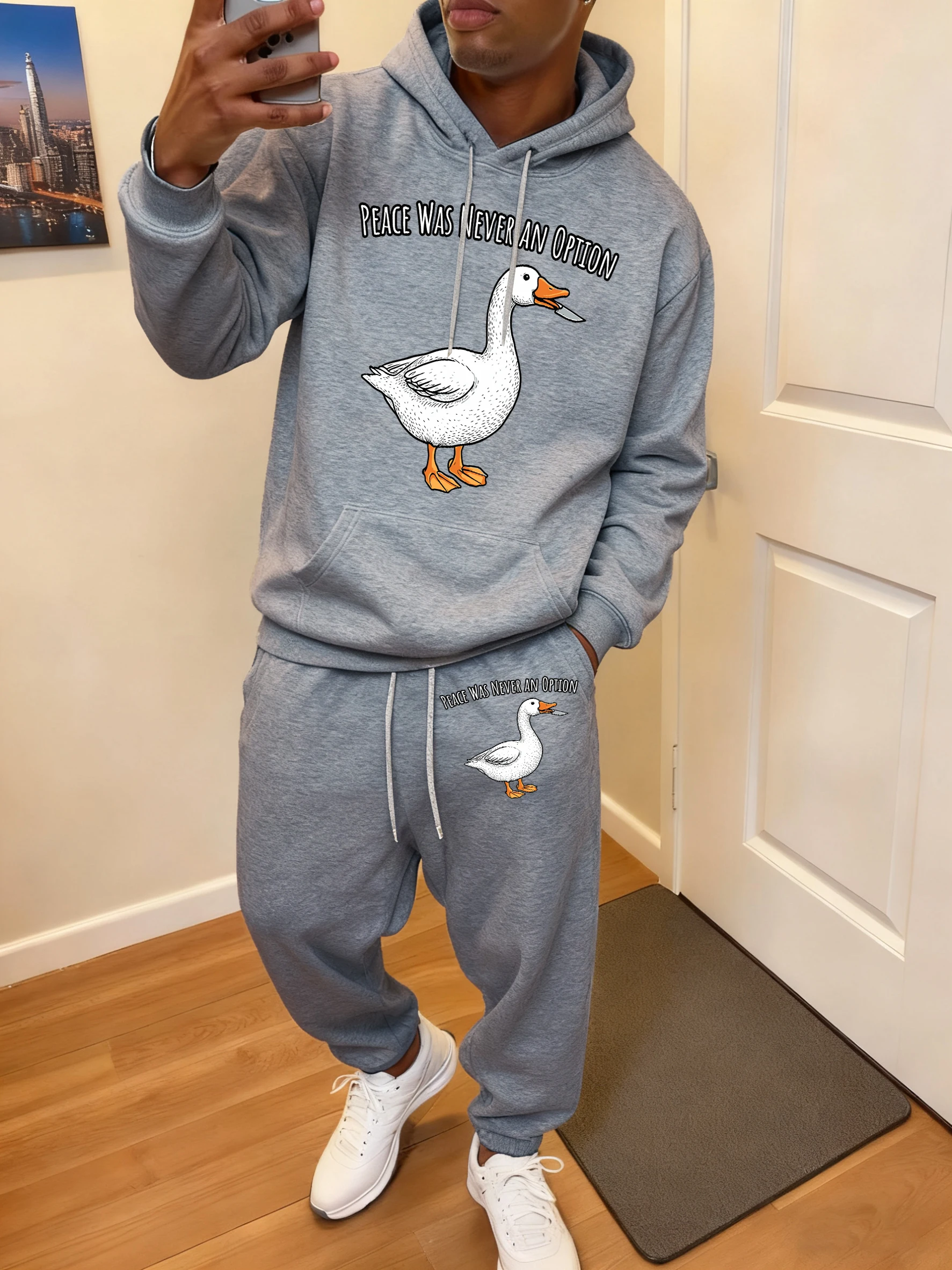 

Peace Was Never An Option Goose Printed Men Jogging Hoodie Set Casual Street Sportswear Pocket Fleece Sweatpant Soft Men'S Sets