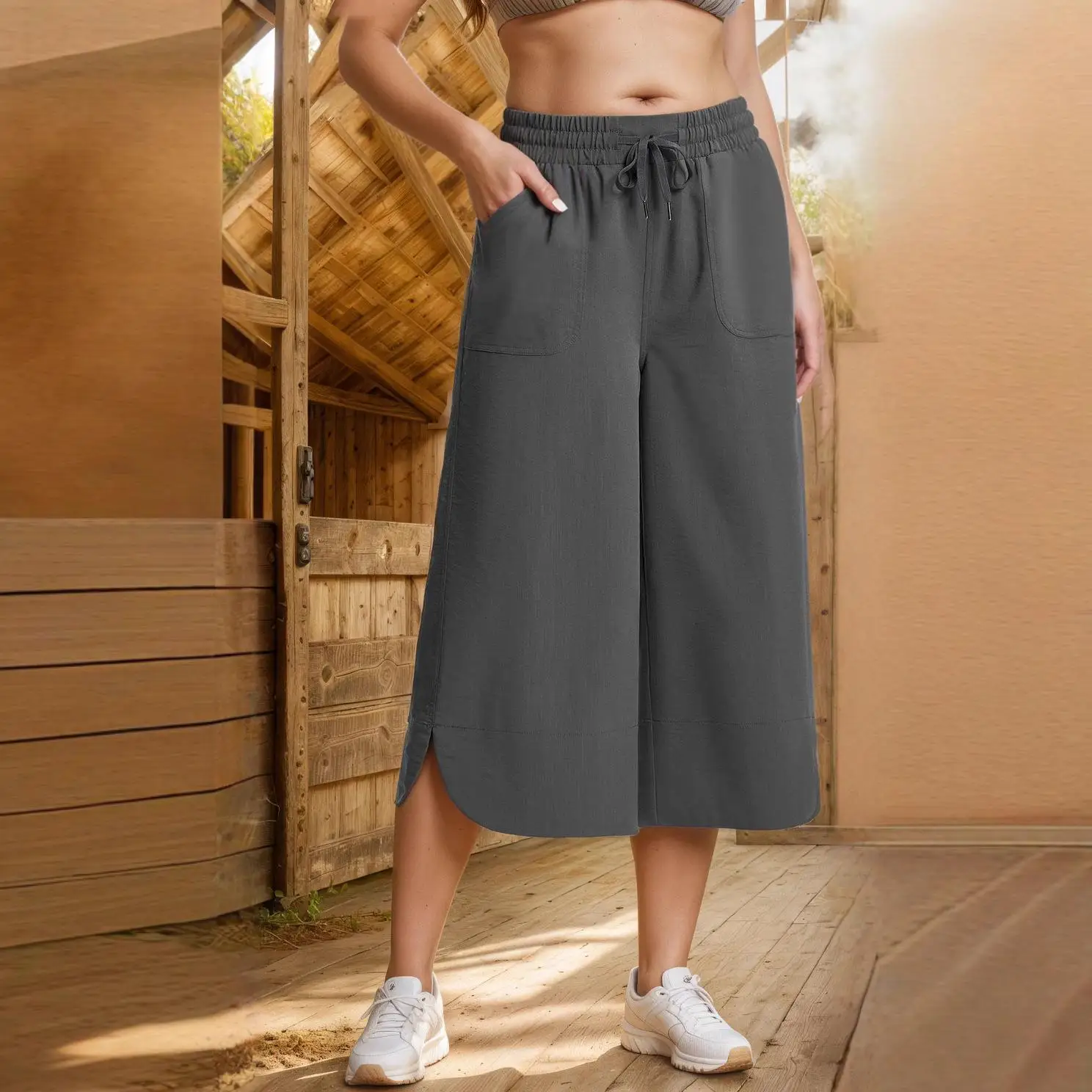 캐주얼 엘라스틱 웨이스트 솔리드 컬러 와이드 레그 세븐풋 팬츠 여성용 루즈핏 봄 여름 가을 롱 슬리브 의류 세트