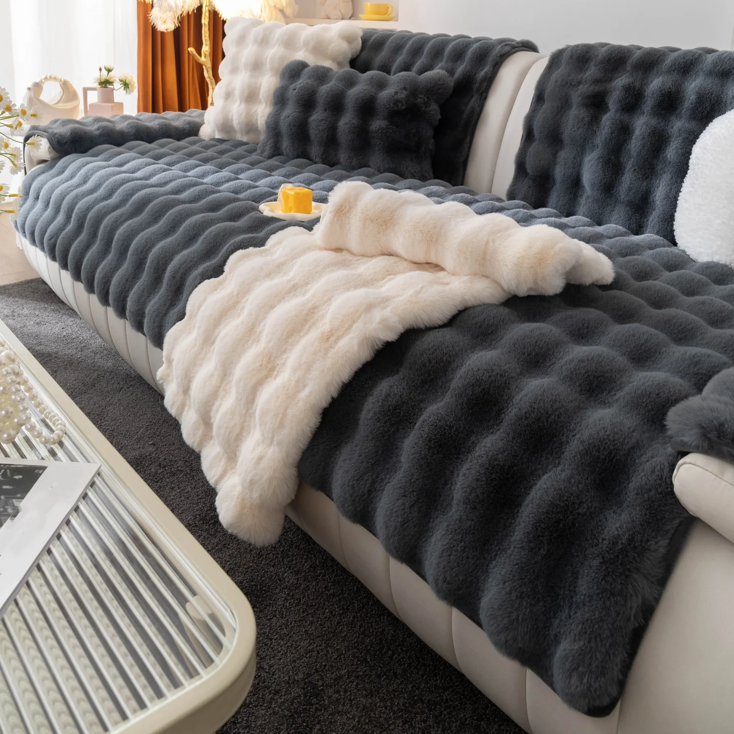 Verdicken Nachahmung Kaninchen Fell Plüsch Sofa Schonbezug Nicht-slip Weiche Sofa Handtuch Couch Kissen Für Wohnzimmer Moderne Wohnkultur – Detail 11
