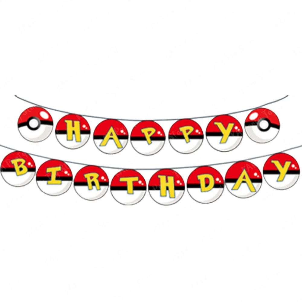 15Pcs/Set Pokemon Theme Bunting Happy Birthday Flags Decorations Pokeball Paper Hanging Banner Baby Shower Events Party Supplies