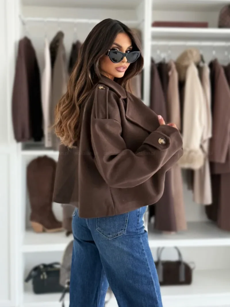 女性秋冬コートショートタイプターンダウンカラー無地ルーズボタン閉鎖カーディガン OL 通勤ジャケット女性アウター