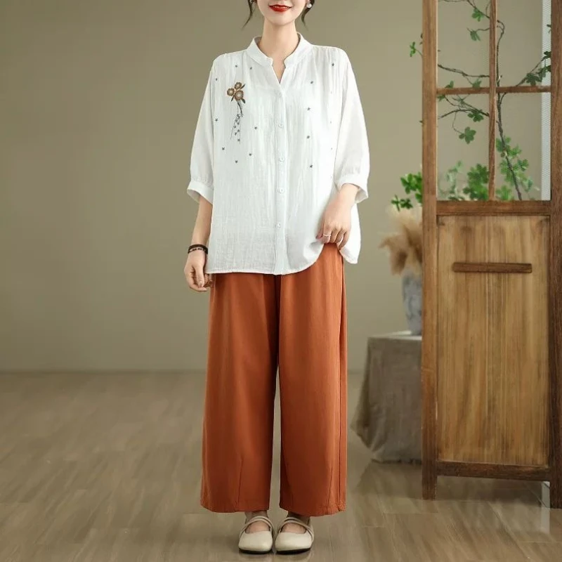 

Женская блузка в стиле бохо с вышивкой, летняя, 2026, из хлопка и льна, свободного кроя, с рукавом до локтя