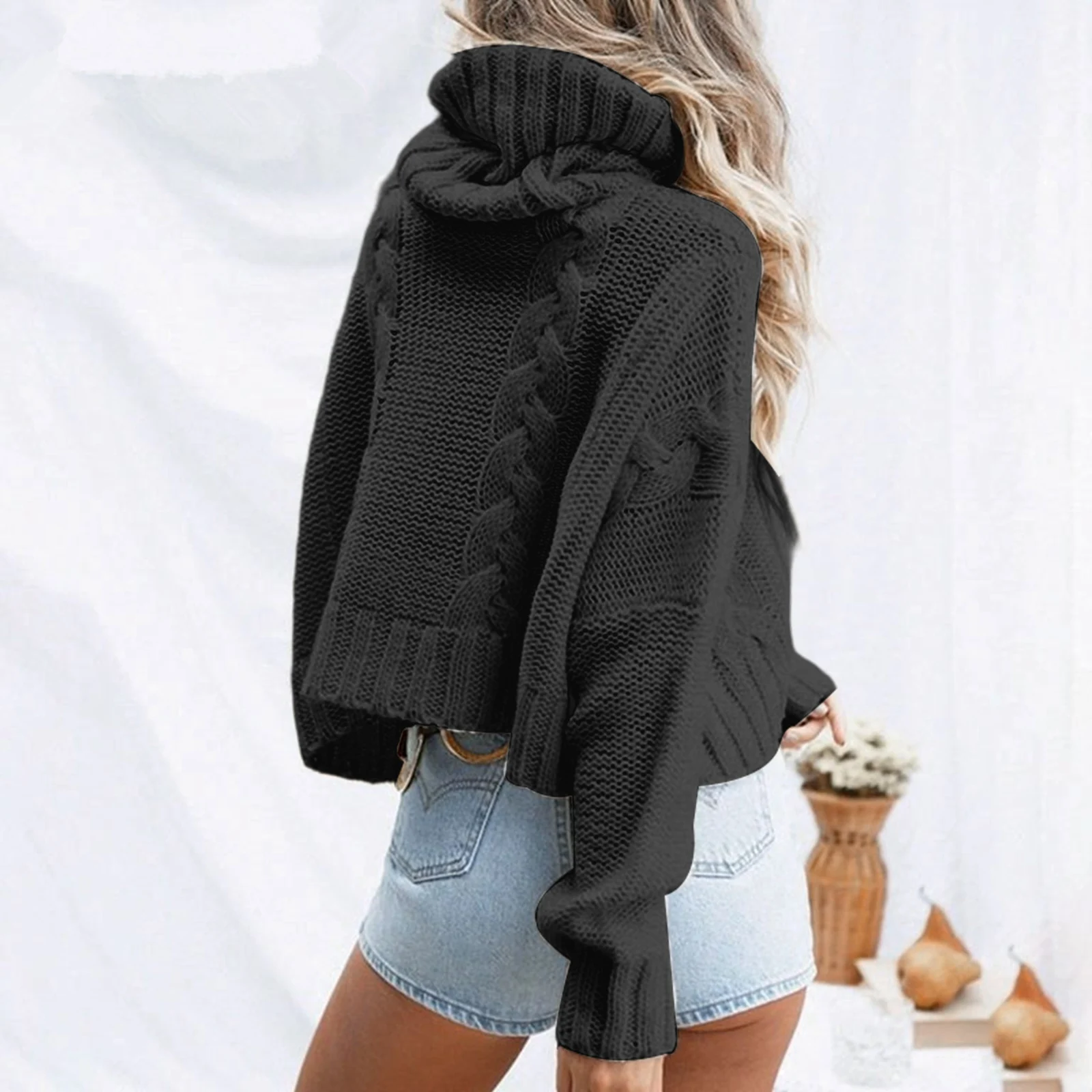 الياقة المدورة كابل متماسكة اقتصاص سترة طويلة الأكمام البلوز بلون عارضة متماسكة أعلى العصرية الخريف الشتاء المحاصيل البلوز #4