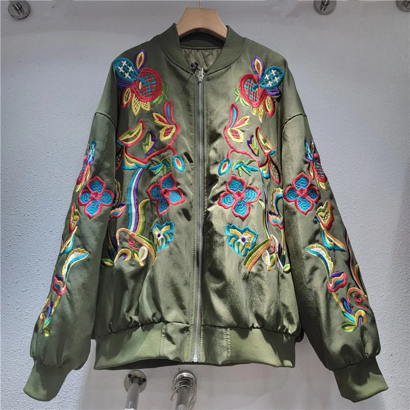 เสื้อแจ็คเก็ตปักลายดอกไม้สำหรับผู้หญิง สไตล์ลำลอง ผ้าฝ้ายบุใย แขนยาว ซิป ผ้าซาติน แบบคาร์ดิแกน