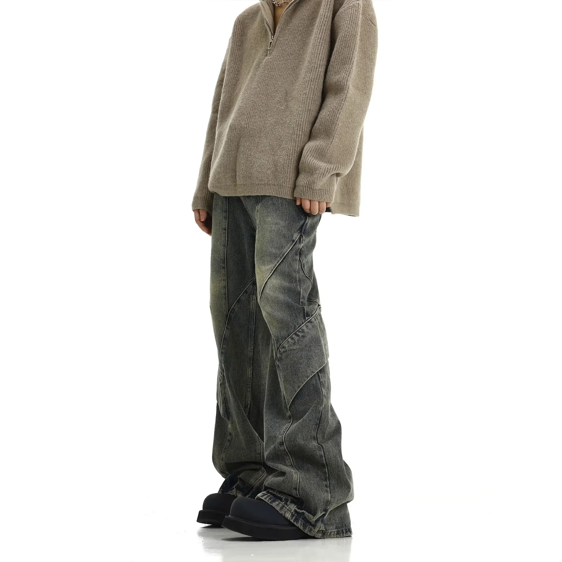 

Осень-зима 2025 мужские джинсы джинсовые расклешенные брюки длиной до пола брюки с высокой талией нерегулярные свободные повседневные прямые брюки