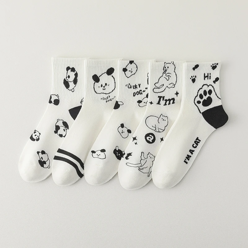 Kawaii Women Crew Socks Japanese Korean Style Cartoon Animal Cat Dog Panda Pattern Streetwear Black White Casual Female Socks