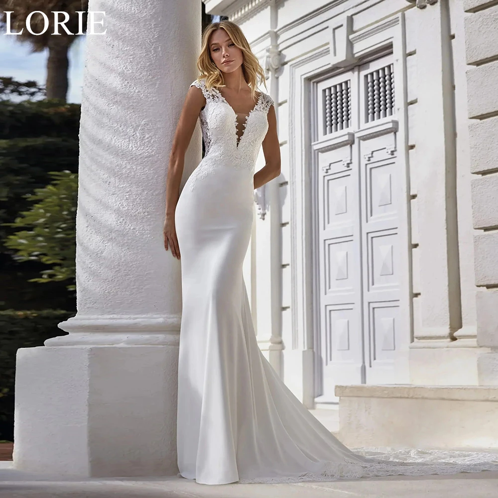 

LORIE BOHO Satin Wedding Dresses Deep V-Neck Mermaid Lace Appliques Romantic Bride Prom Gown 2024 Sexy Bridal Gowns Customized