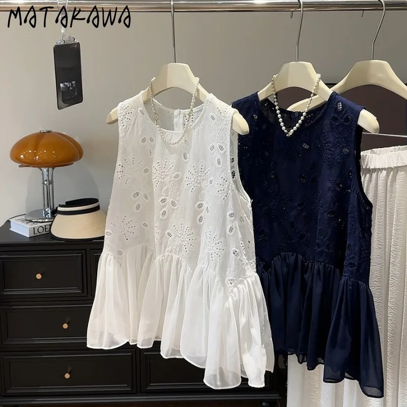 

Matakawa Lace Blouses Sleeveless Hollow Out Spring Summer Solid Sweet Women Shirts Korean Fashion Ruffles Elegant Blusas Mujer