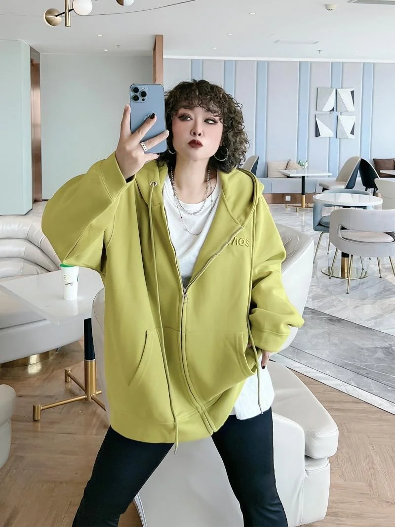 

Женская толстовка-куртка больших размеров: милая повседневная модель для весны и осени, свободный крой, скрывающий недостатки фигуры, универсальный топ, модная верхняя одежда больших размеров