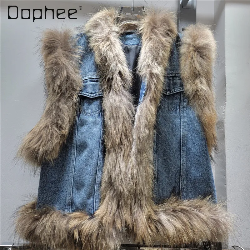 

Europe Station Faux Fur Vest Women 2025 Autumn Winter New Denim Patchwork Faux Fur Vest Women's Sleeveless Jacket Vest