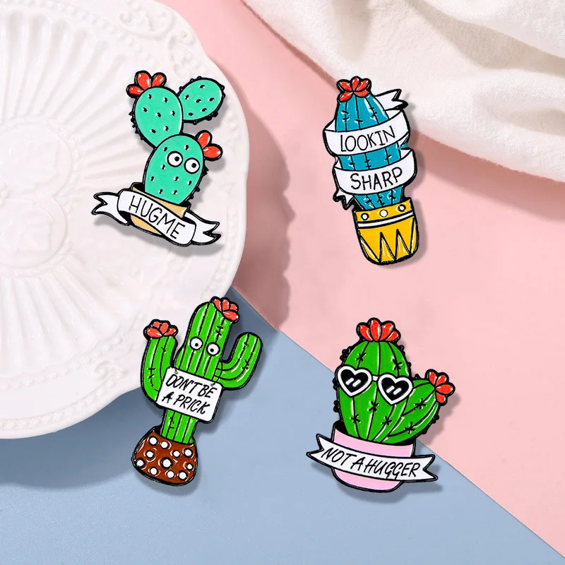 Original cartoon creative green plant shaped brooch jewelry cactus English sentence brooch accessories badge