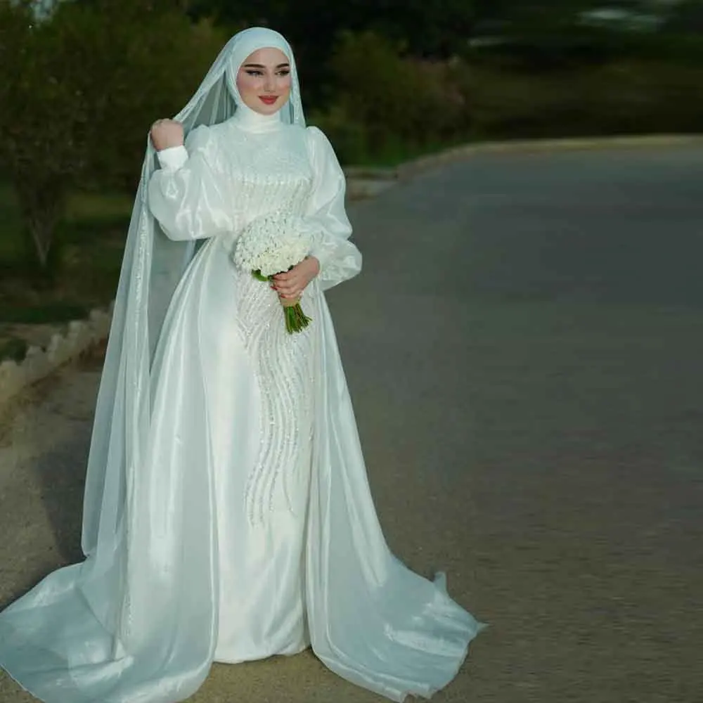 

Customized Beaded Sequin Embellished Muslim Wedding Dress High Collar Full Sleeve Hijab Bridal Gown With Detachable Train