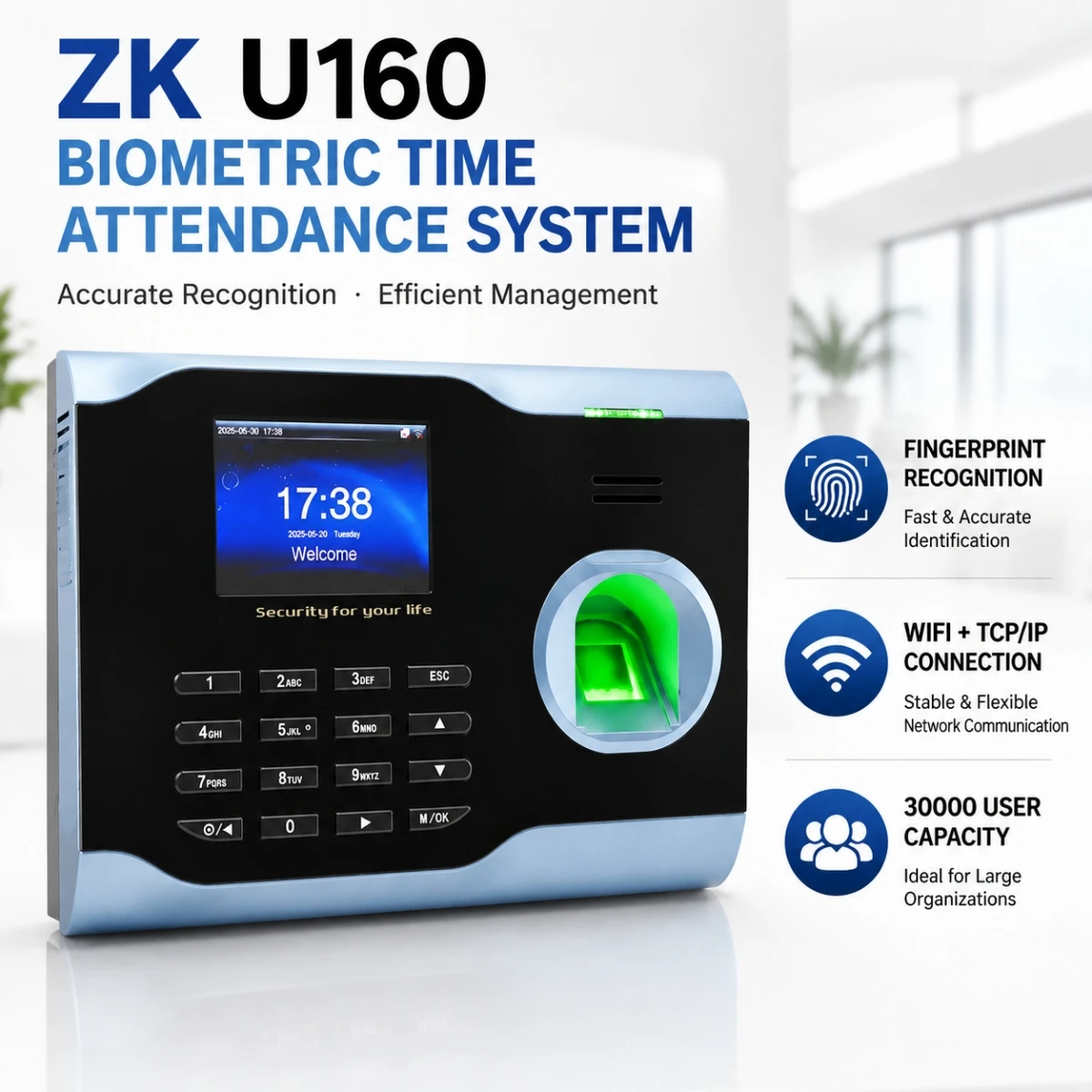WiFi Fingerprint Attendance Machine TCP/IP Employee Time Clock 30000 User Capacity USB Download for Factory Attendance System