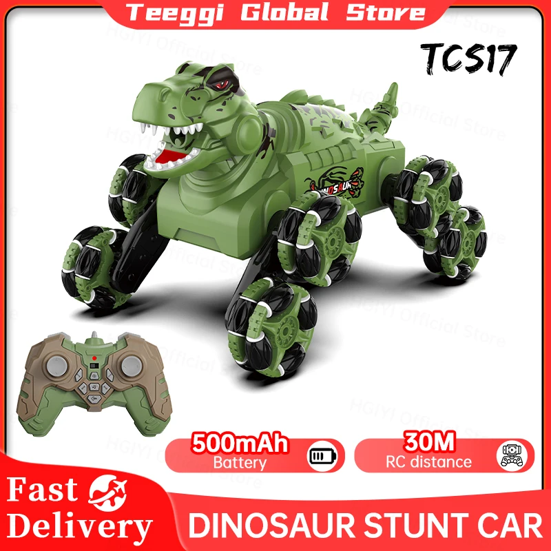 Eight-wheeled Dinosaur RC Stunt Car With Music Lights 2.4G Double Remote Control Spray Stunt Cars 4WD Rc Off Road Car Toy Gift