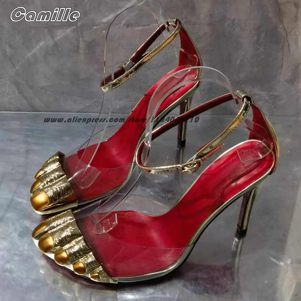 Genuine Leather Metal Toe Belt Buckle Strap Sandals Open Toe Sexy Lady Five Finger Shoe Size 36-43 Shallow Luxury Party Shoes