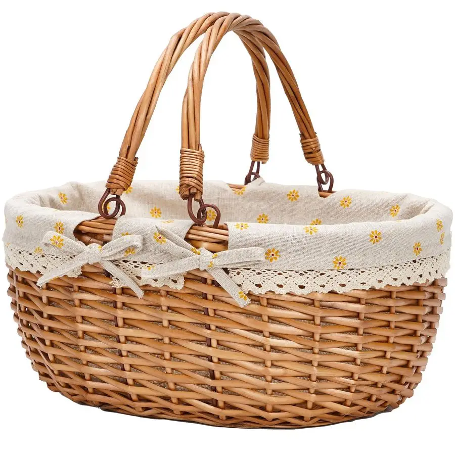 

Плетеная корзина для пикника с двойными складными ручками, корзина для пикника с подушкой, натуральная пасхальная корзина ручной работы, пасхальные яйца и урна для конфет