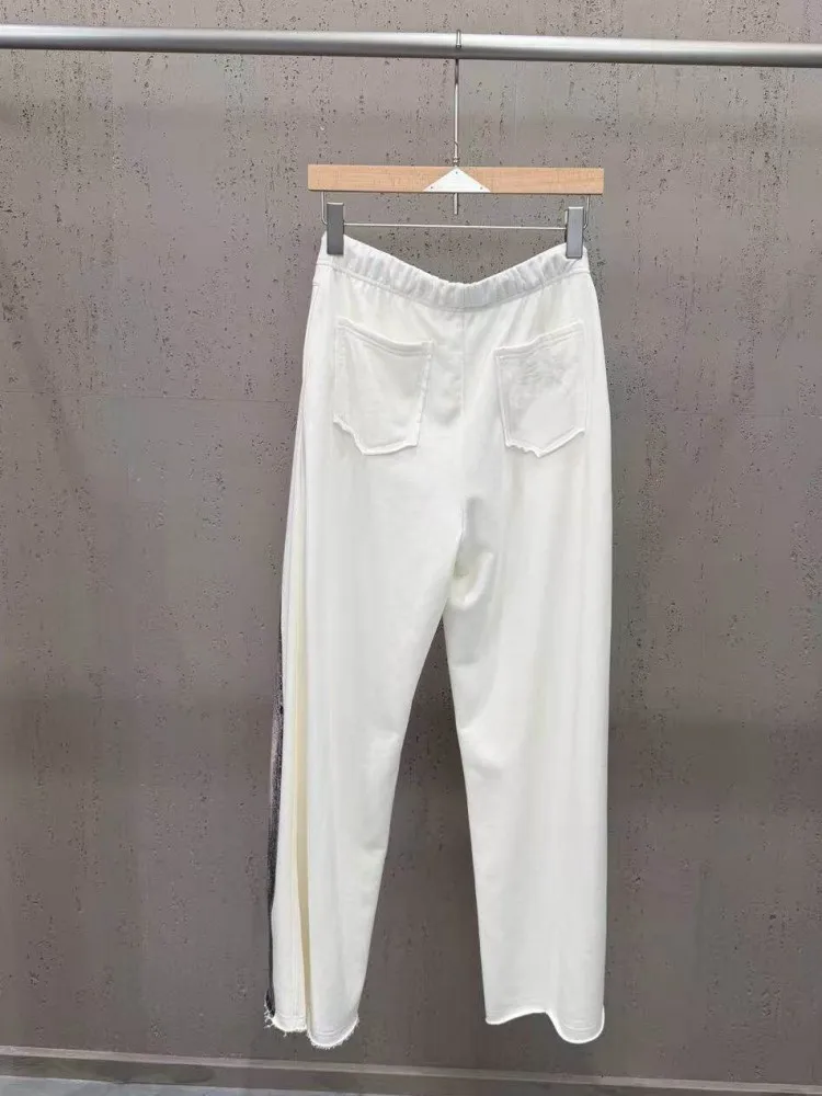 American Style Retro Womens Printed Patchwork Pant Mid Waist Straight Drawstring Pants Spring Summer Female New Leisure Trousers