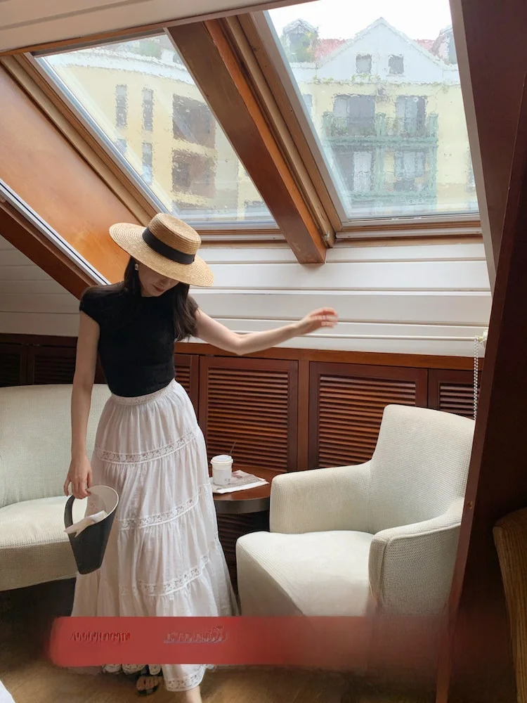 

Lowey Vintage Lace Trim Splice Lightweight Maxi Skirt High Waist A-Line f-length Daily Wear Casual Sle Ciwalk Date