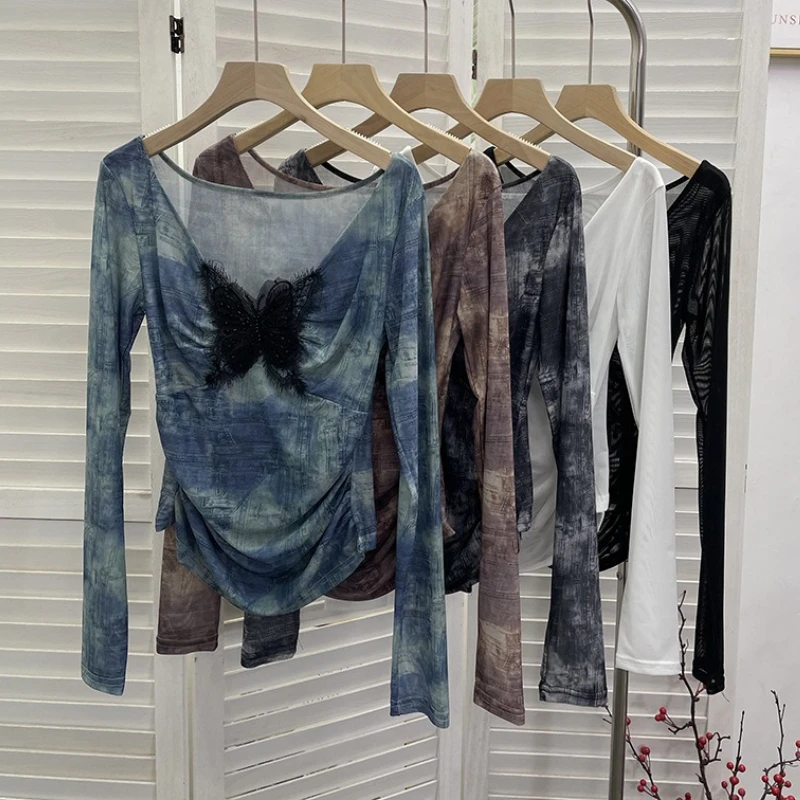 Camiseta de gasa de mariposa Vintage estética Y2k, ropa de calle 2025, camisetas de hadas teñidas anudadas para mujer, Tops plisados ajustados Harajuku Grunge