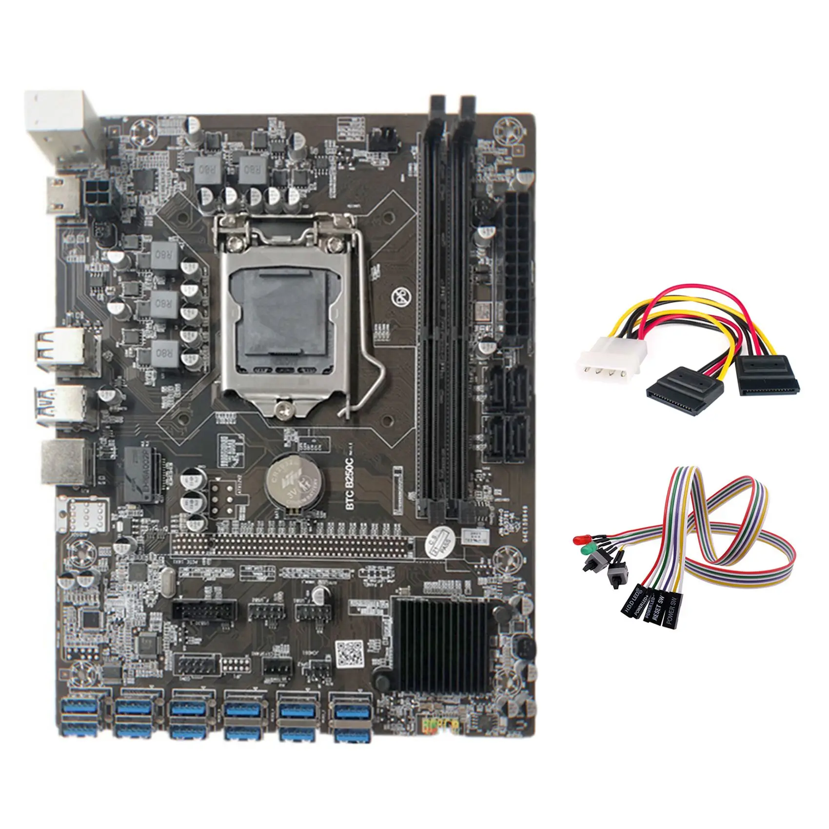 

B250C Miner Motherboard+Dual Switch Cable with Light+4PIN to SATA Cable 12 PCIE to USB3.0 Graphics Card Slot LGA1151