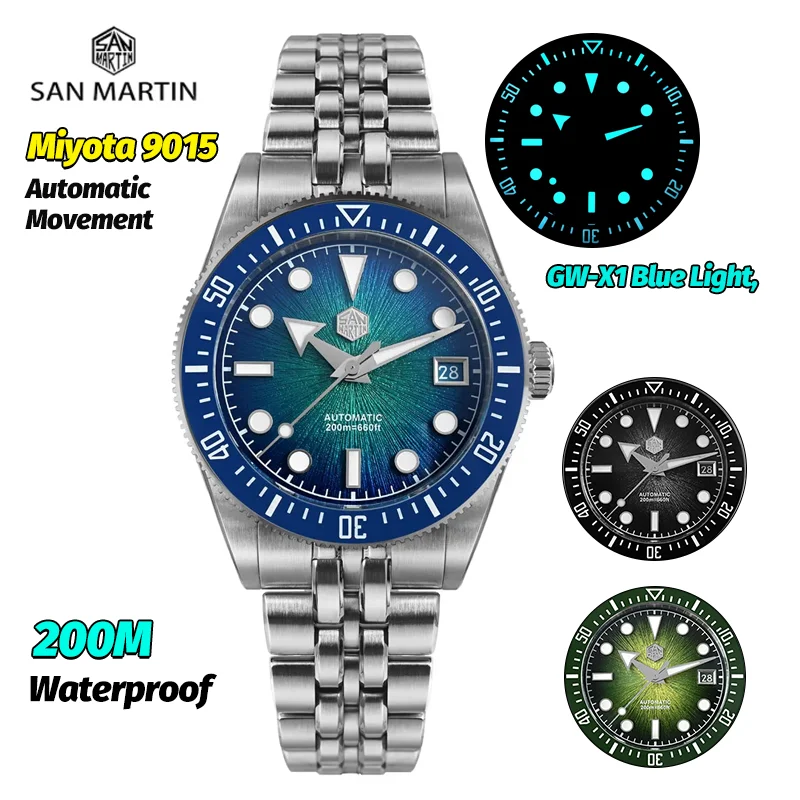 

San Martin SN0148GX 37,5 мм автоматические часы для дайвинга Miyota 9015 механические часы с эмалевым циферблатом Sunburst 200 м водонепроницаемые роскошные часы