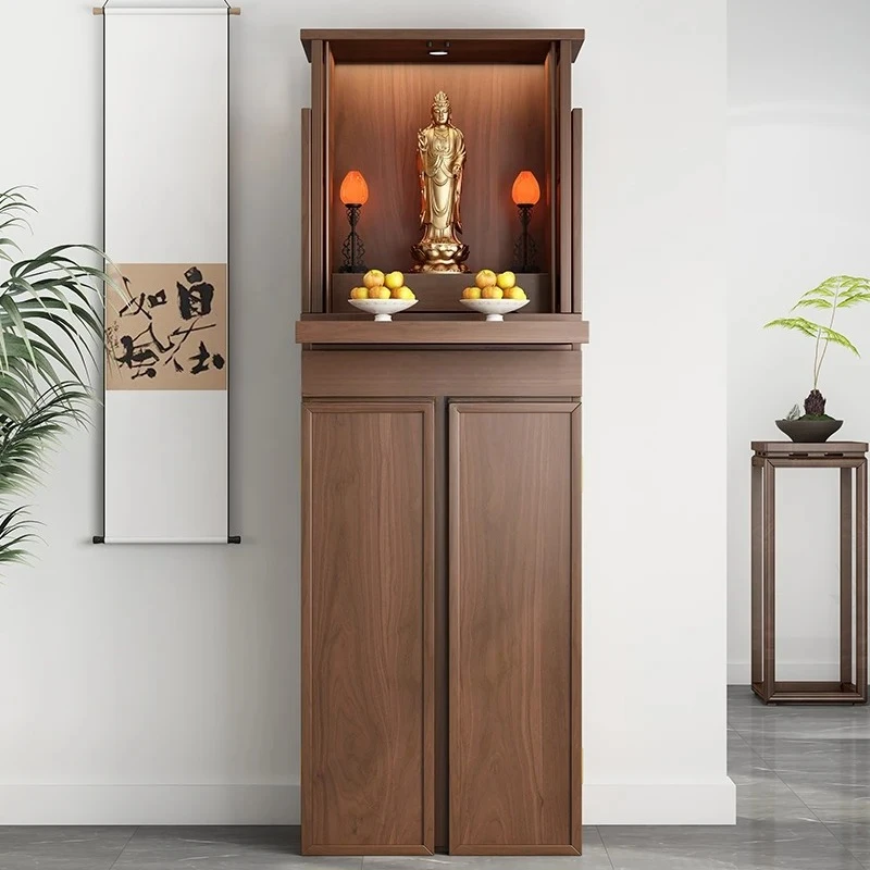 New Chinese Style Solid Wood Household Simple Black Walnut Buddha Shrine God of Wealth Altar with Door Buddha Cabinet