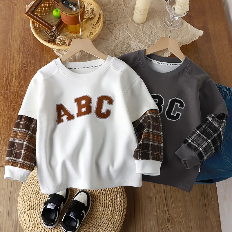 2-13T autumn winter child kids boys girls patchwork velvet sweatshirt