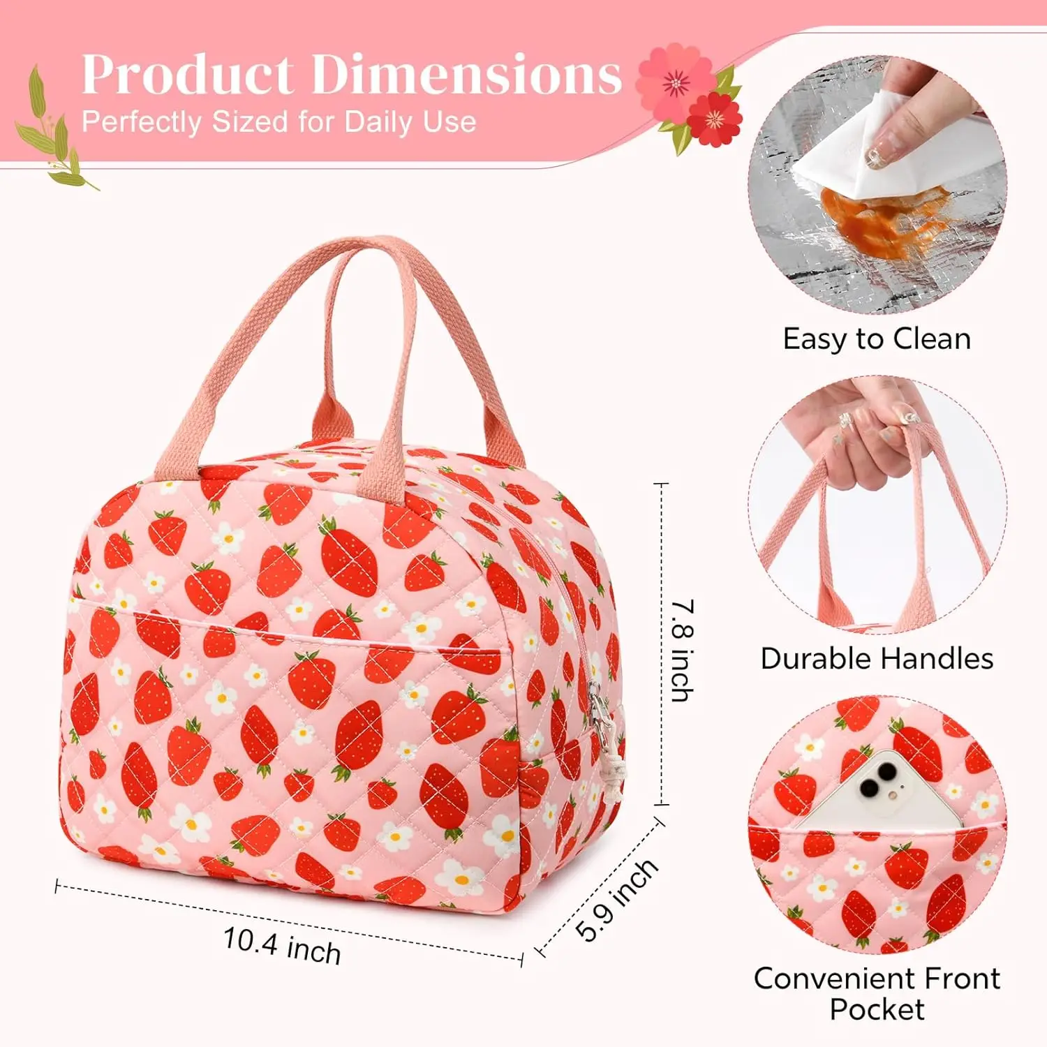 

Lunch Box for Women Quilted Insulated Lunch Bag Tote Cute Reusable Floral Cotton Lunch Box Large Capacity Work Picnic
