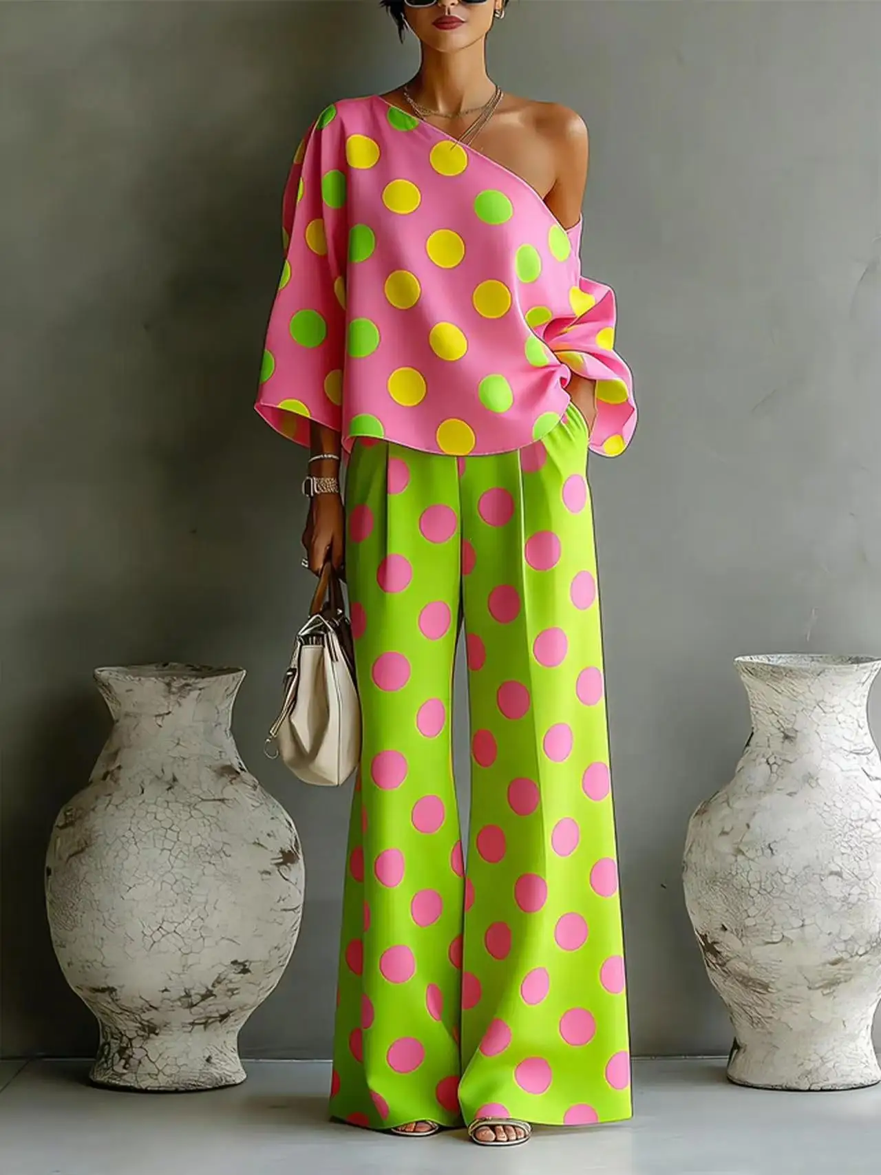 Women Polka Dot Two Piece Outfit Asymmetric Off Shoulder Bell Sleeve Loose Top High Waist Wide Leg Pants Vacation Casual Matchin
