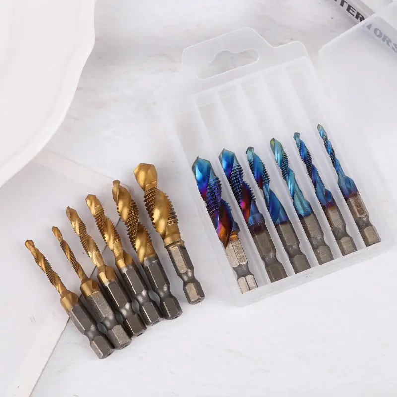 Blue M3/M4/M5/M6/M8/M10 Hand Tools Hex Shank Titanium Plated HSS Screw Thread Metric Tap Drill Bits Screw Machine Compound Tap
