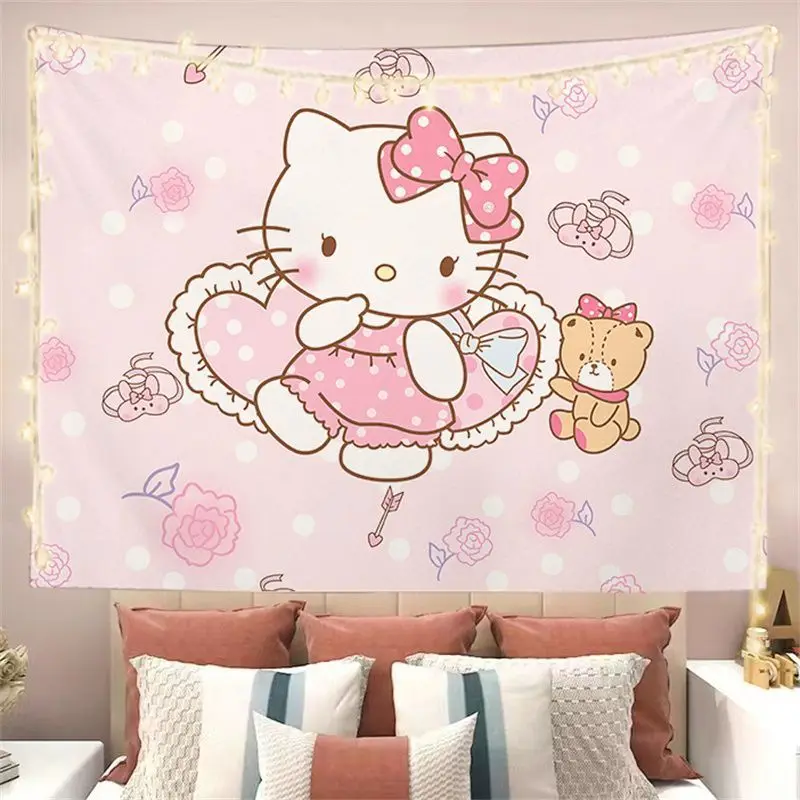 Hello Kitty Cartoon Tapestry Home Decor Kawaii Girls Student Dormitory Bedroom Living Room Wall Decoration Design Birthday Gift