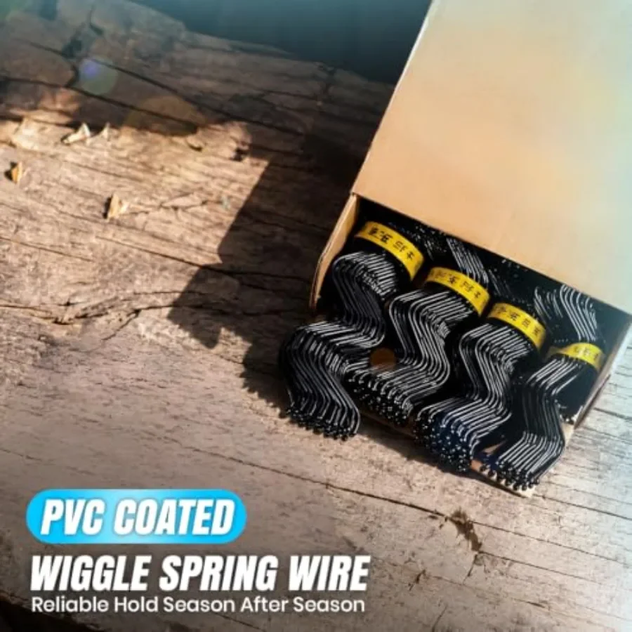 Greenhouse application, PVC-coated steel wire, green color, flexible wiggle spring design for secure plastic poly film and shad
