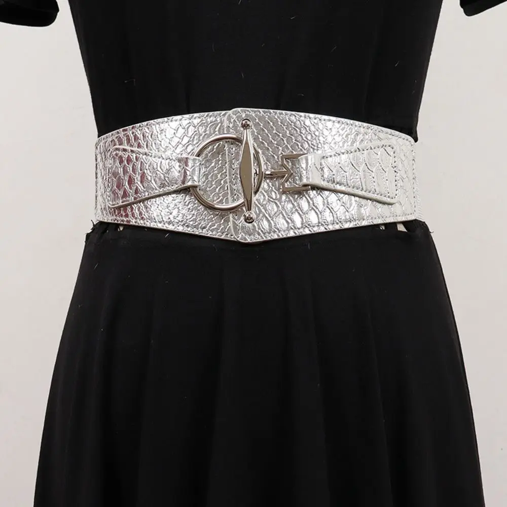 Luxury PU Leather Gold Cummerbunds Round Buckle Dress Girdle Female Waistband Elastic High Waist Wide Waist Belt Dress