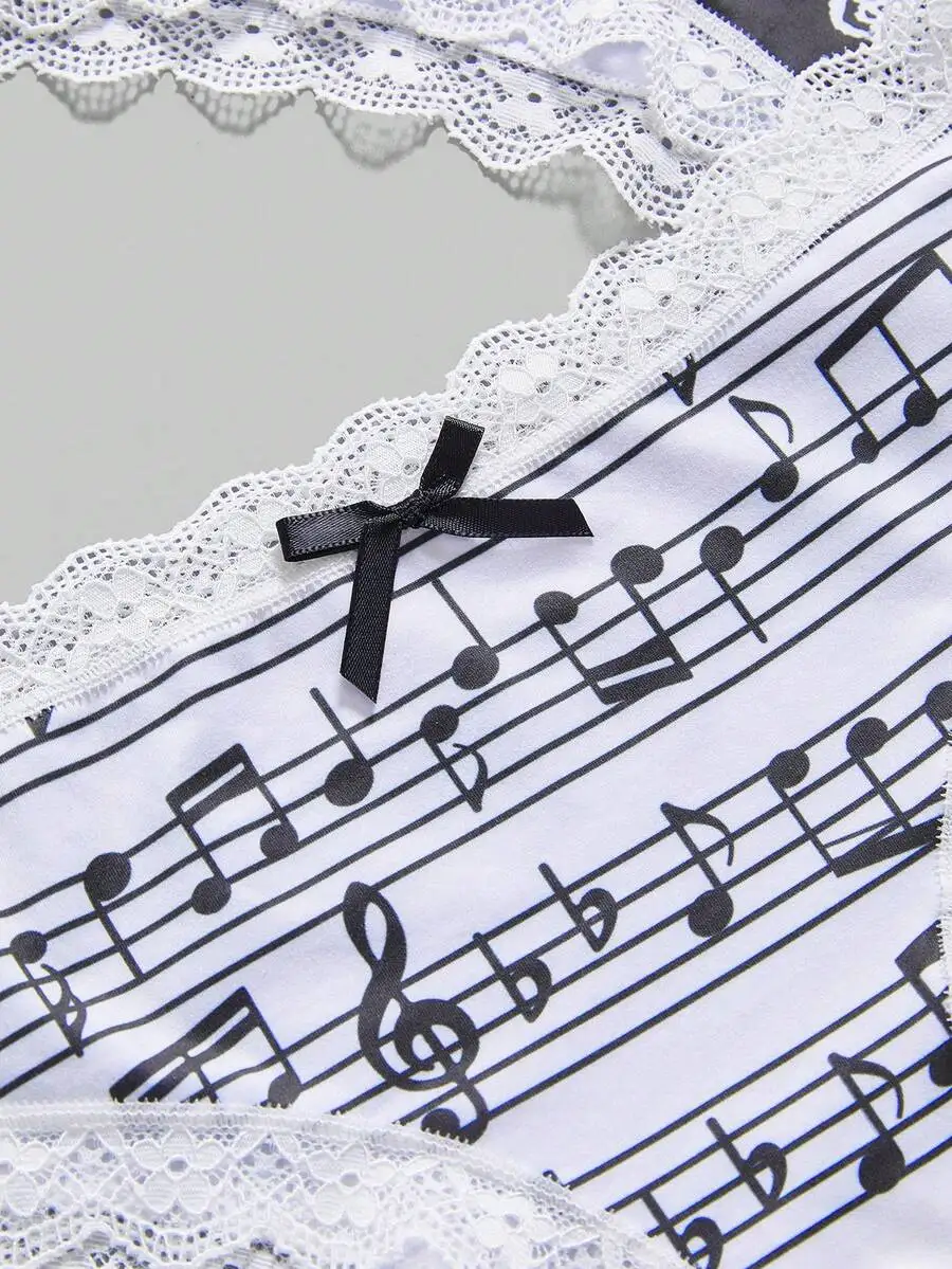 

Womens Musical Note Print Lace Panties With Bow Decoration