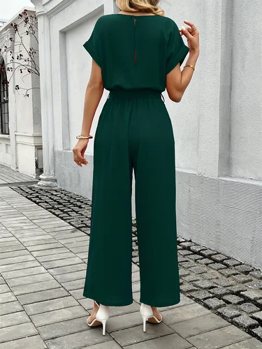 Imagen 2 del producto Mono de Trabajo Estilo Europeo y Americano, Verano 2026, Cuello Redondo, Manga Corta, Cintura Ajustable, Pantalones Anchos, Casual, Versátil y Elegante para Mujer