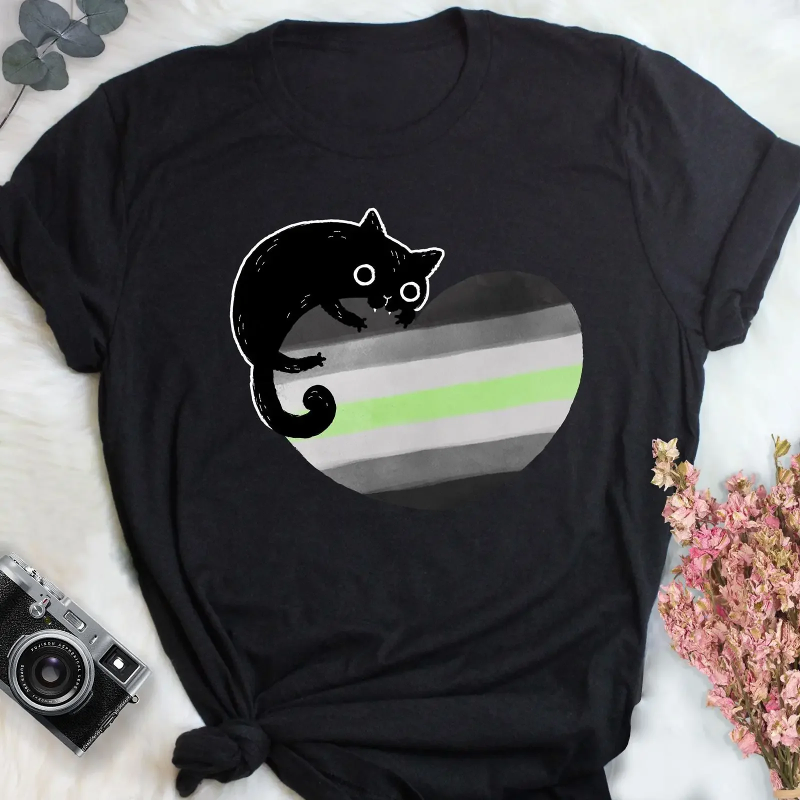 Agender Pride T Shirt Black Cat Heart Flag LGBT LGBTQ Nonbinary Transgender Festival Casual  vintage Washed designer clothes