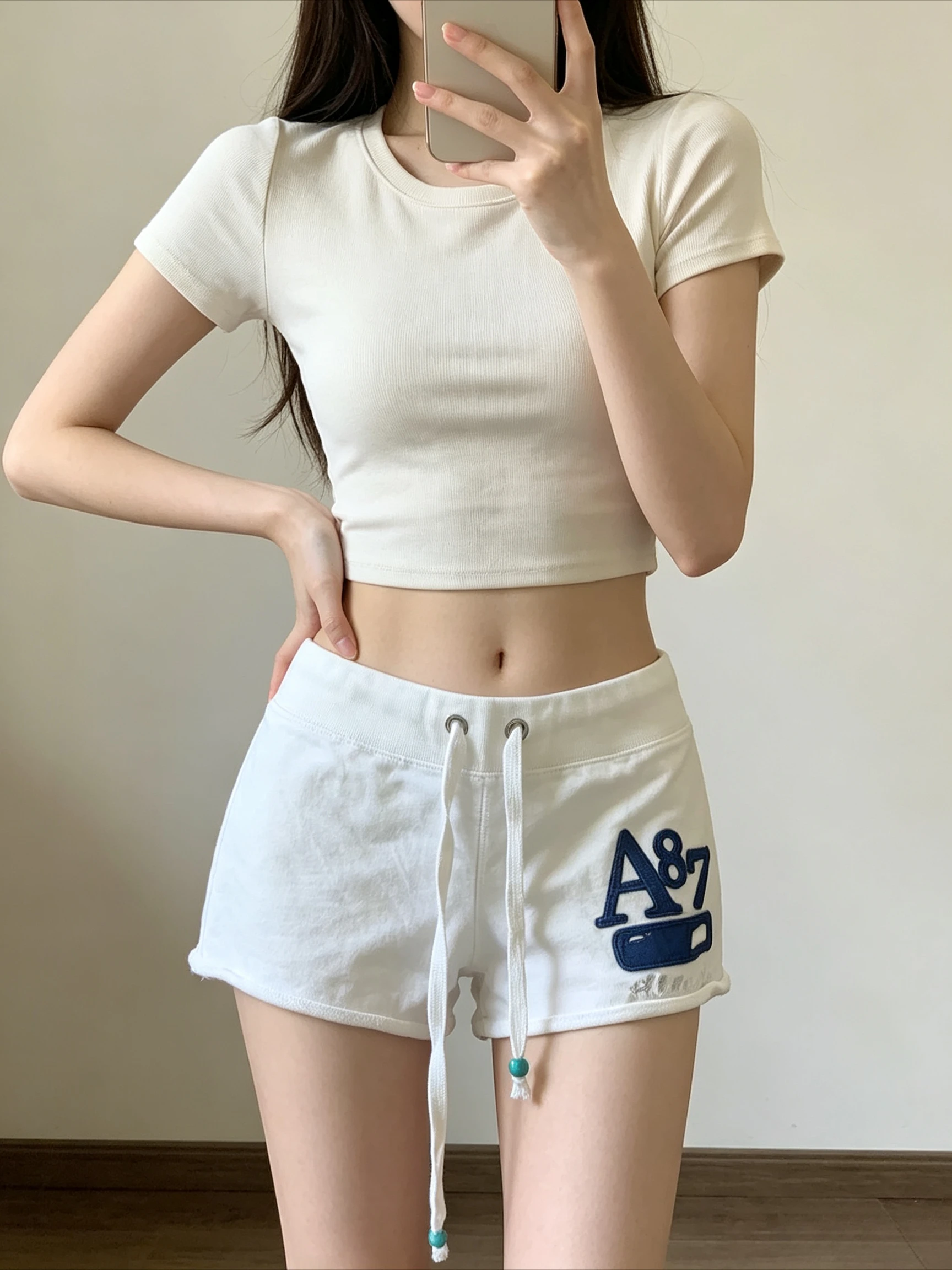 Letter A87 Patch Graphic Mini Sweat Shorts Drawstring Eyelet Waist Cuffed Hem Soft Stretchy Casual Street Short Bottoms
