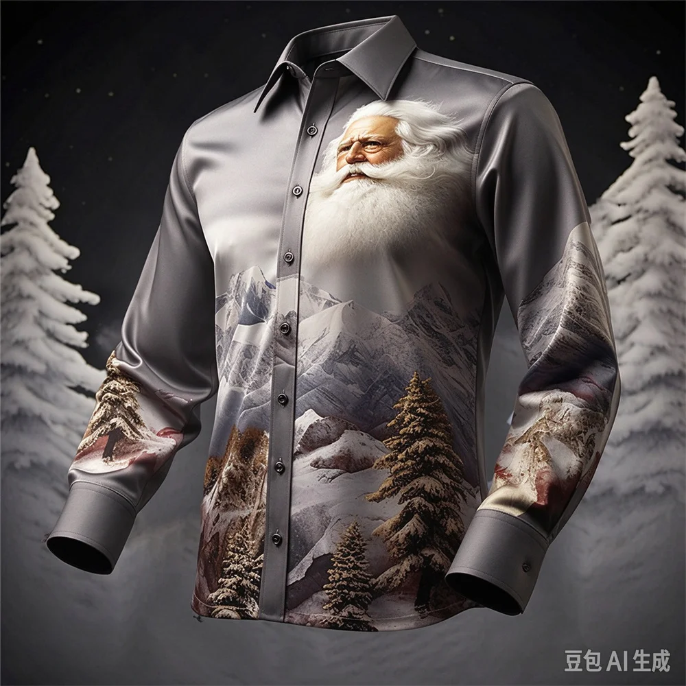 10 Colors Christmas Men's Santa Claus Printed Shirt Santa Claus Mountain View Leisure Outdoor Street Autumn/Winter Collar Long