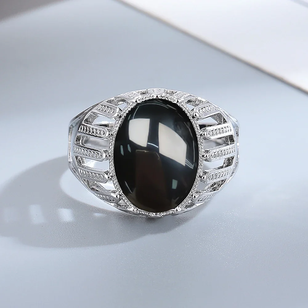 

S925 Silver Jewelry Ring Natural 10*14mm Big Black Agate Stone Vintage Ring For Women Party Gifts