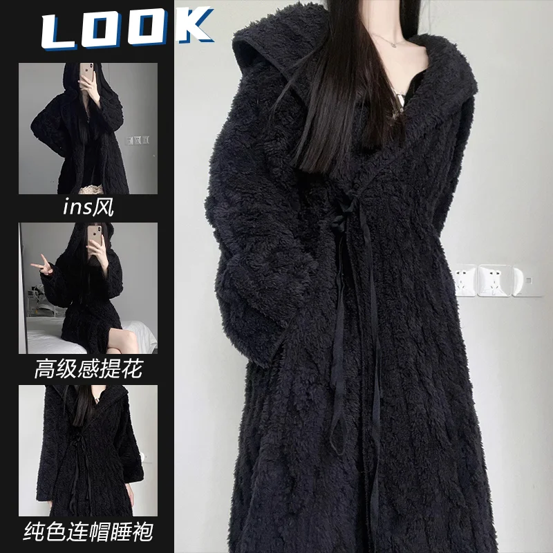 Coral Fleece Black Nightdress Women Winter Sweet Princess Sleepwear Bathrobe Thicken Flannel Pajamas Hooded Women Homewear Dress