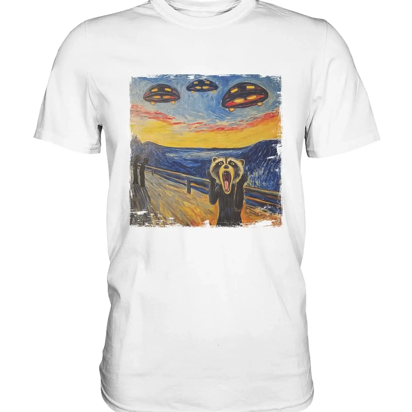 Waschbär UFO Schrei T Shirt Lustige Kunst Parodie Munch Alien Design vintage Washed Soft graphic Casual homme Stylish Versatile